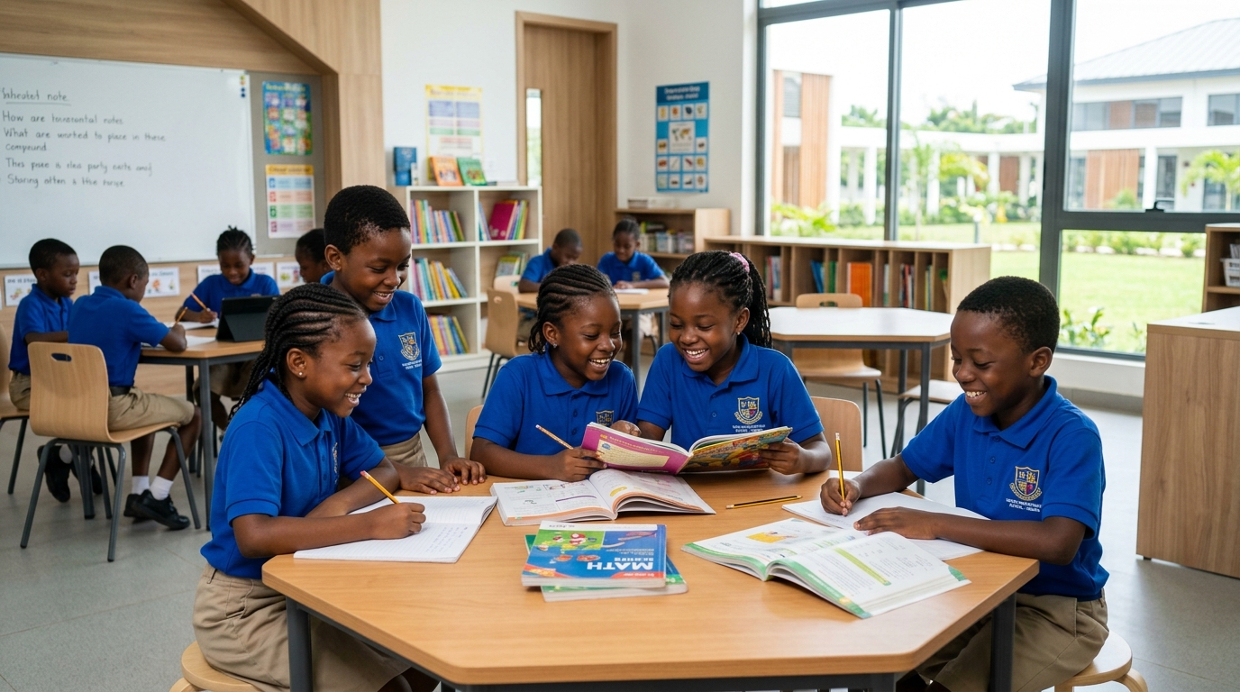 Ghanaian school children studying in a bright classroom